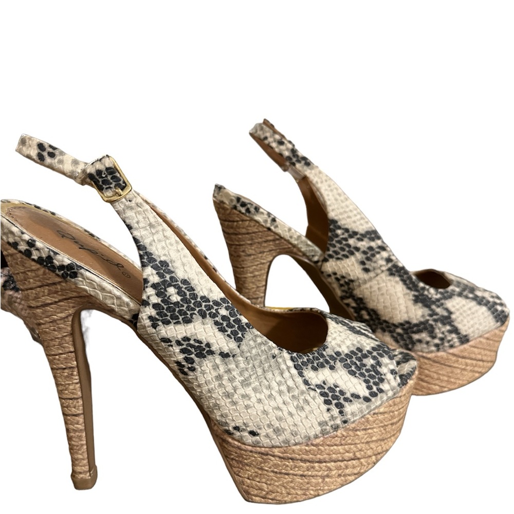 Snake and cork stiletto platform peep toe high heels